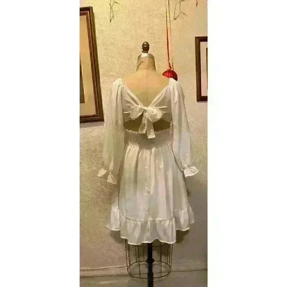 Zaful Square Neck Off the Shoulder Lantern Sleeve Tie Back Dress NWT Size 6 - Picture 4 of 14